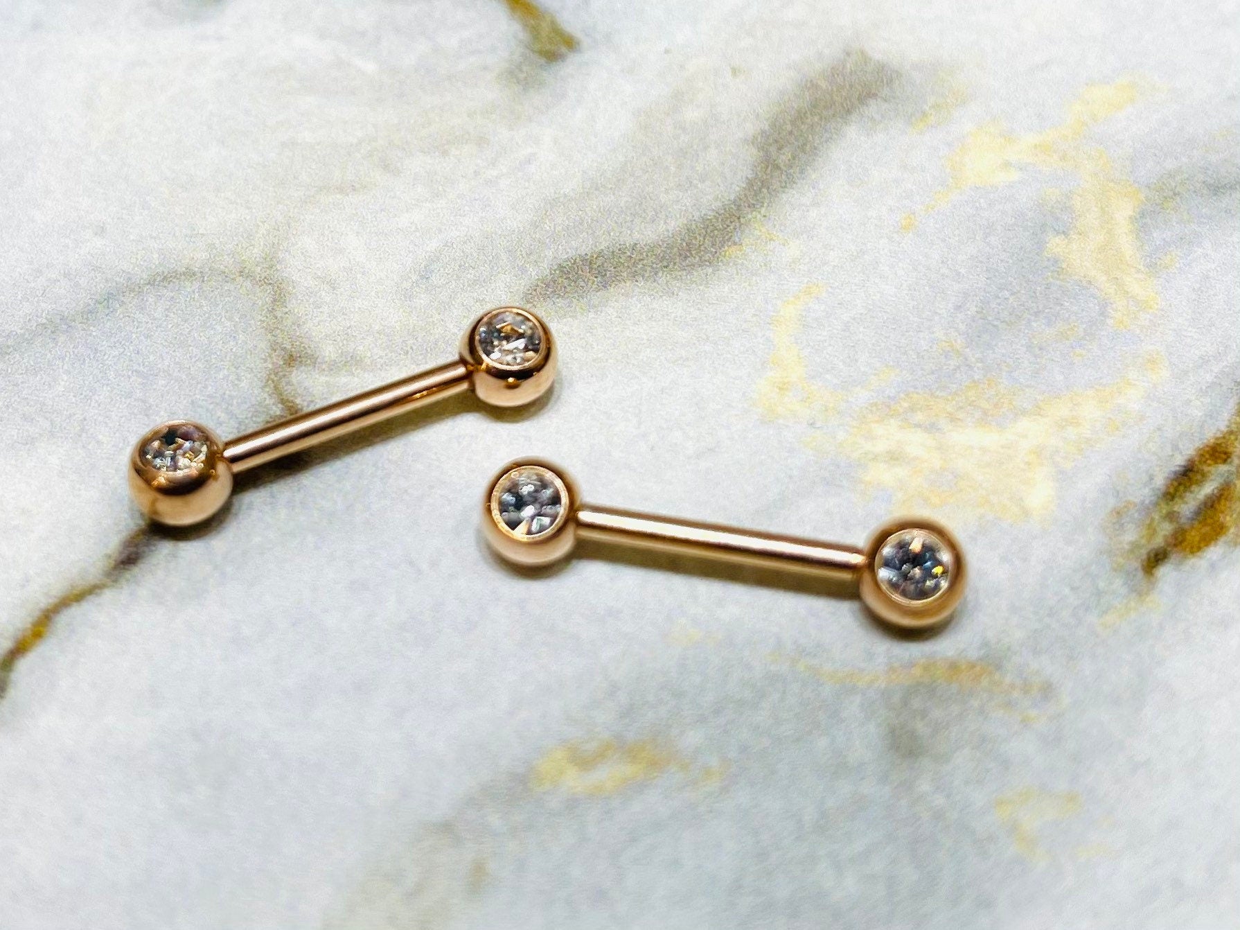 Pair of 14G Rose Gold Bezel Clear Stone Nipple Barbells. Nipple Rings. Nipple Piercing. Nipple Jewelry.