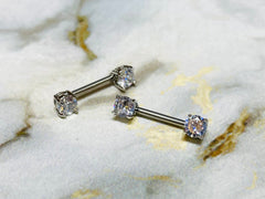 Pair of 14G Silver Prong Set Sparkling 7mm Stone Nipple Barbells. Nipple Rings. Nipple Piercing. Nipple Jewelry