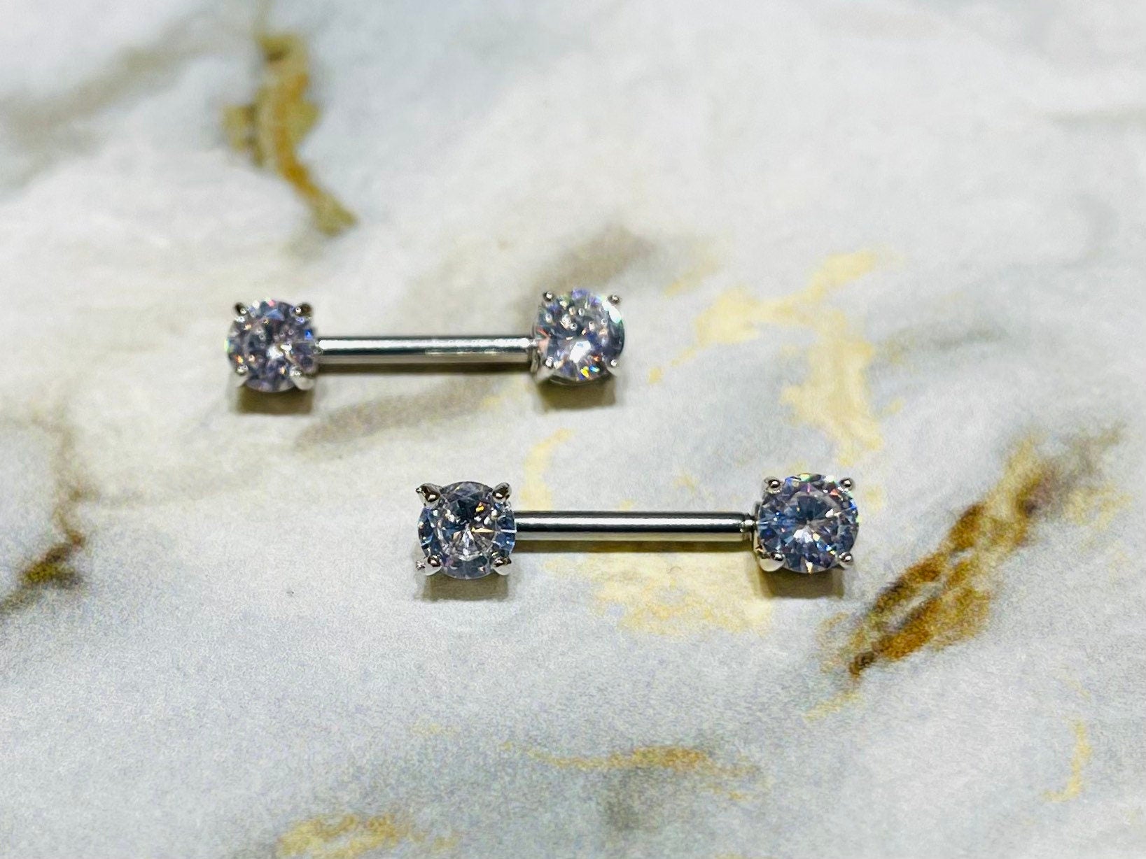 Pair of 14G Silver Prong Set Sparkling 7mm Stone Nipple Barbells. Nipple Rings. Nipple Piercing. Nipple Jewelry