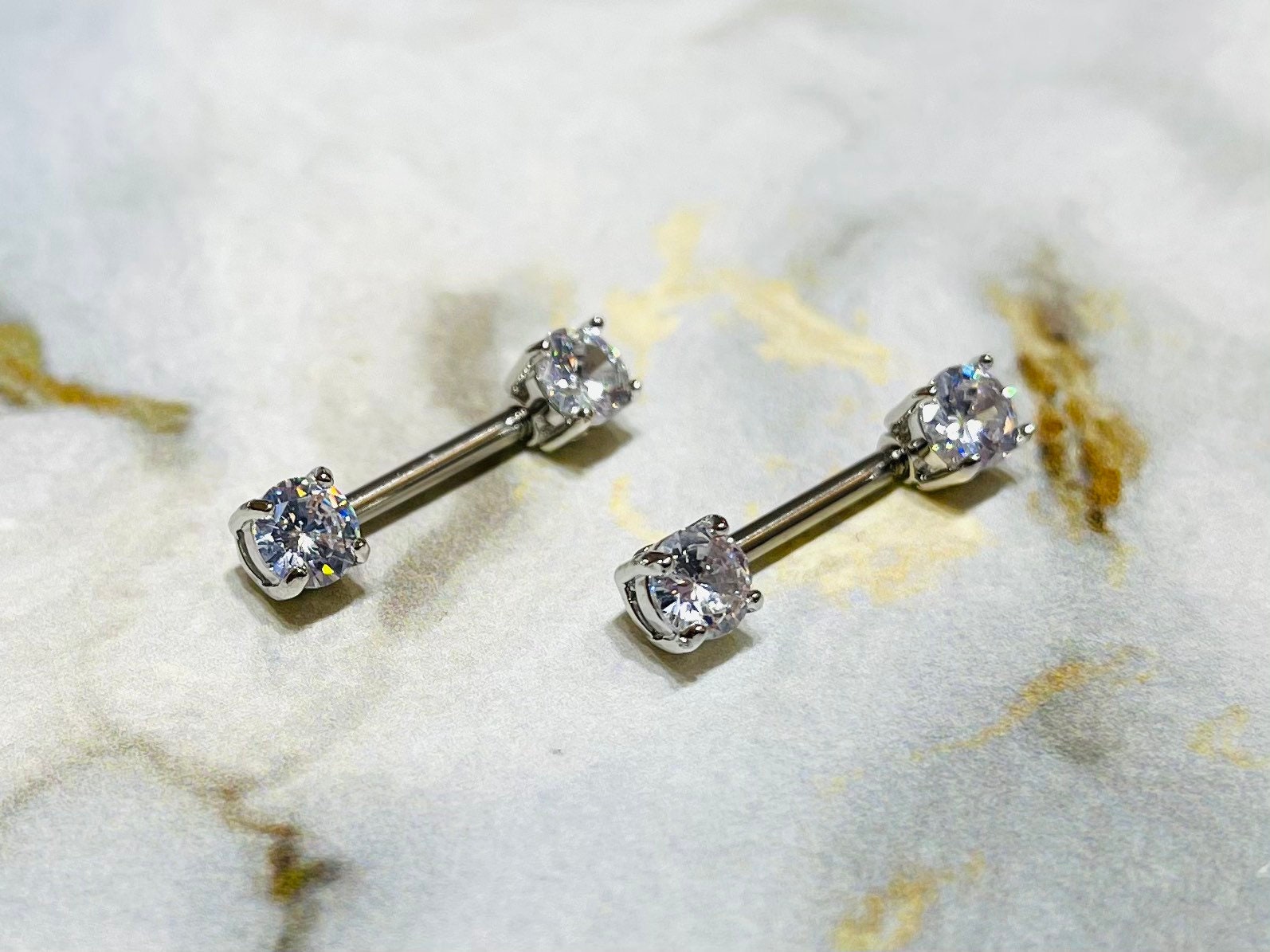 Pair of 14G Silver Prong Set Sparkling 7mm Stone Nipple Barbells. Nipple Rings. Nipple Piercing. Nipple Jewelry