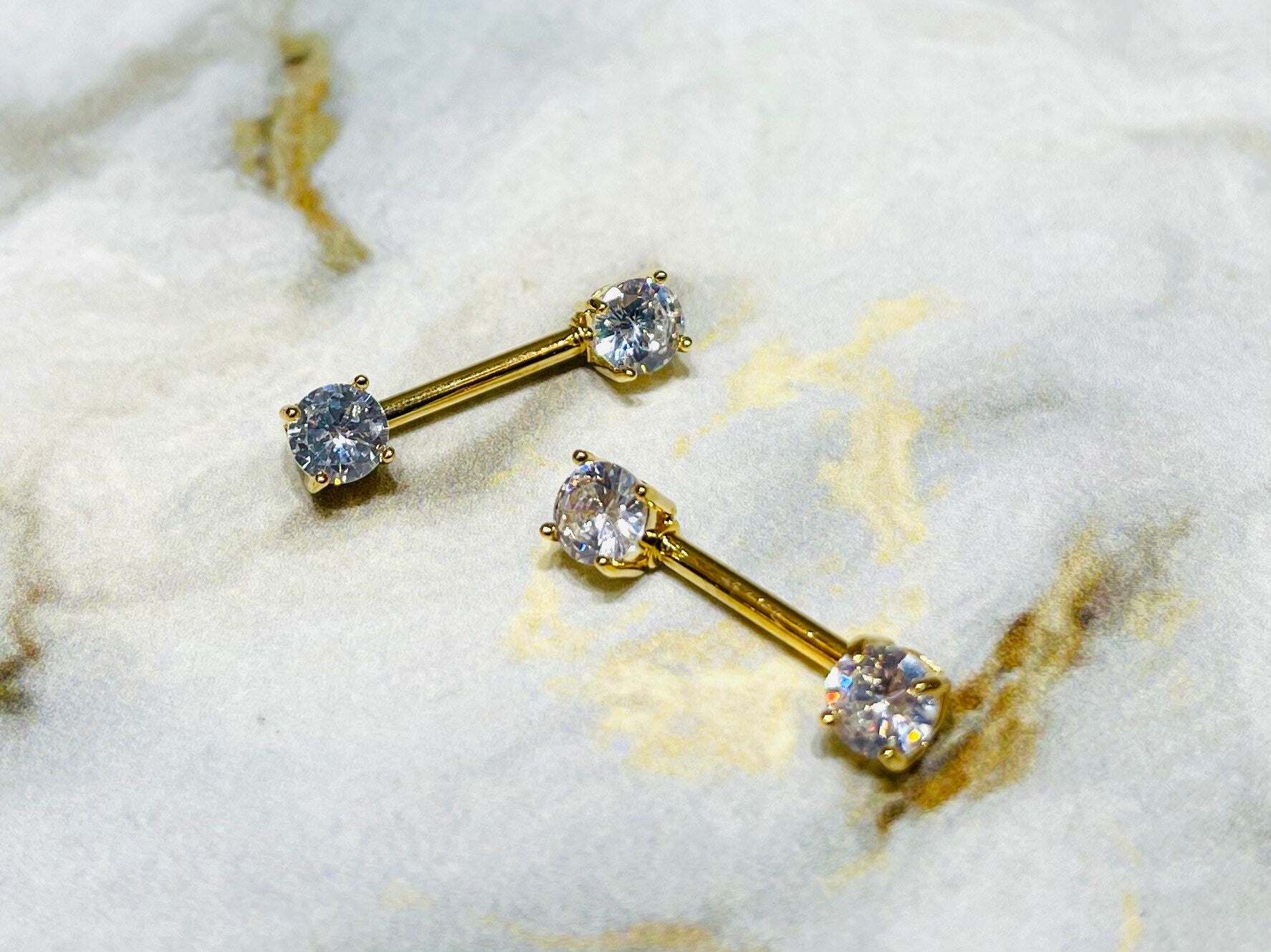 Pair of 14G Gold Prong Setting Sparkling 7mm Stone Nipple Barbells. Nipple Rings. Nipple Piercing. Nipple Jewelry