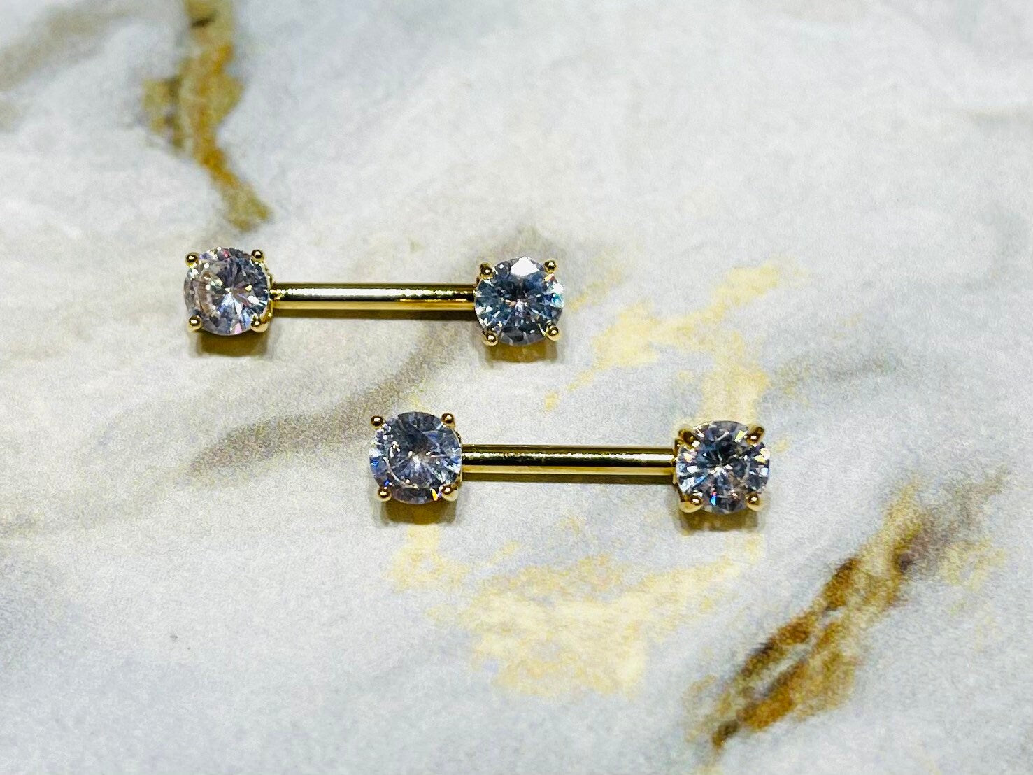 Pair of 14G Gold Prong Setting Sparkling 7mm Stone Nipple Barbells. Nipple Rings. Nipple Piercing. Nipple Jewelry