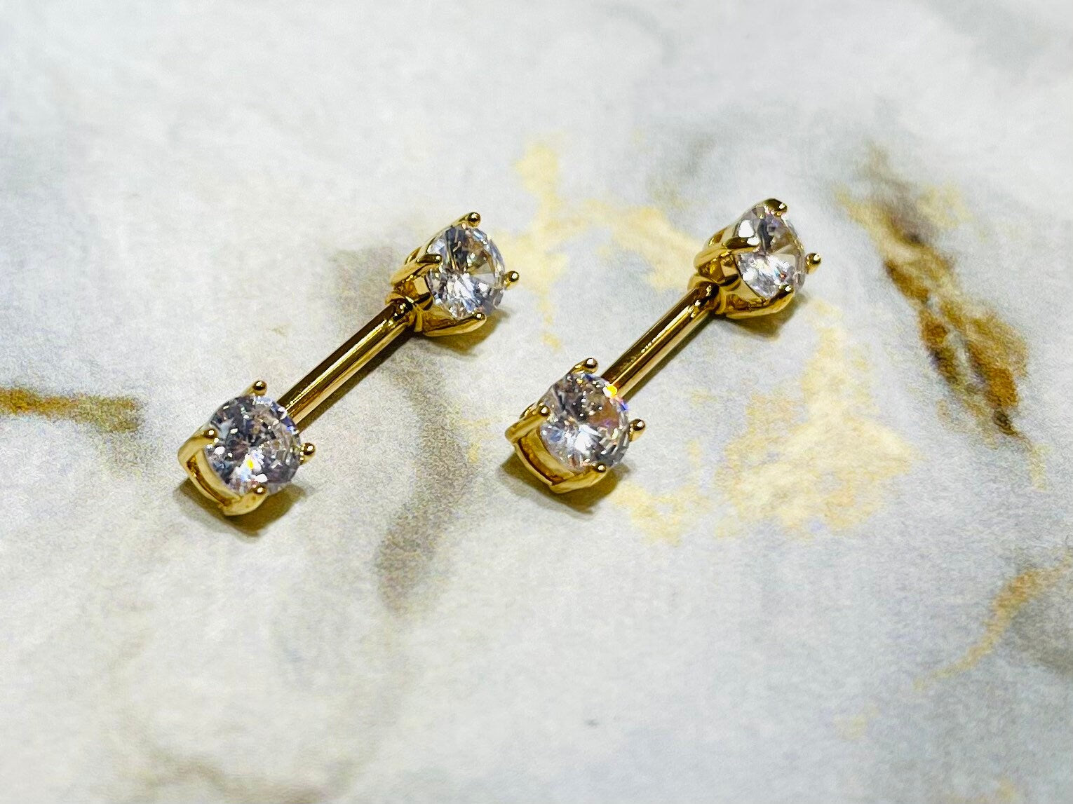 Pair of 14G Gold Prong Setting Sparkling 7mm Stone Nipple Barbells. Nipple Rings. Nipple Piercing. Nipple Jewelry