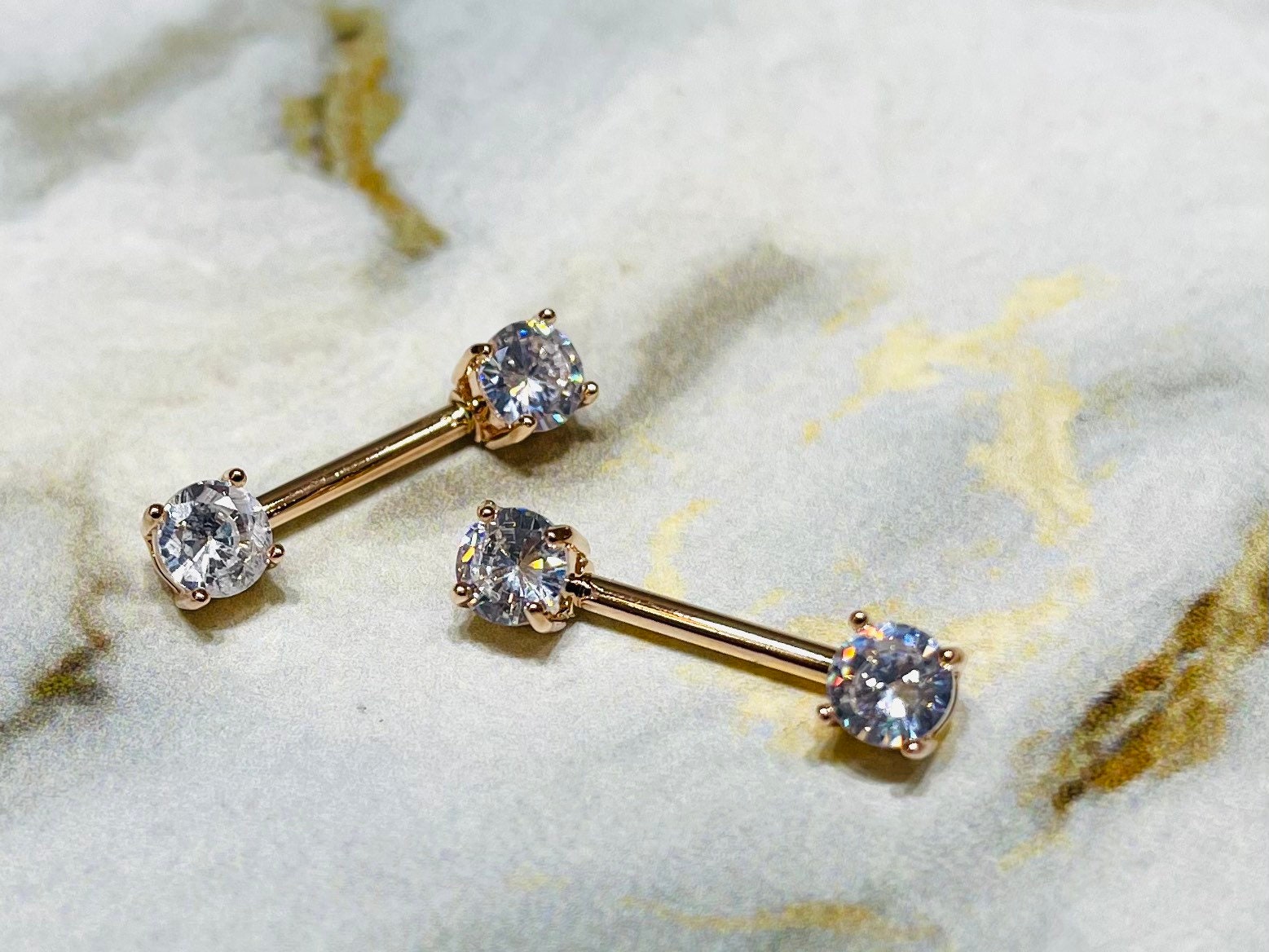 Pair of 14G Rose Gold Prong Setting Sparkling 7mm Stone Nipple Barbells. Nipple Rings. Nipple Piercing. Nipple Jewelry