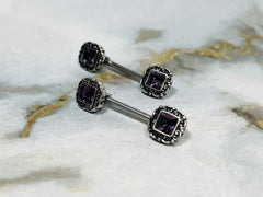 Pair of 14G Antique Silver with Purple Square Stone Nipple Barbells. Nipple Piercing. Nipple Rings. Nipple Jewelry