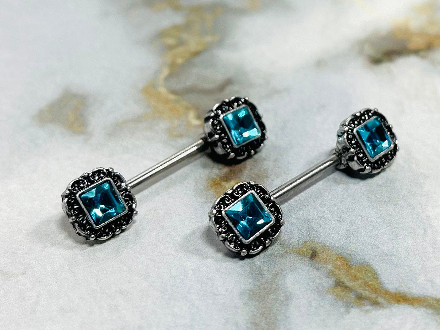 Pair of 14G Antique Silver with Aqua Square Stone Nipple Barbells. Nipple Piercing. Nipple Rings. Nipple Jewelry