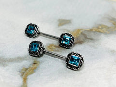 Pair of 14G Antique Silver with Aqua Square Stone Nipple Barbells. Nipple Piercing. Nipple Rings. Nipple Jewelry