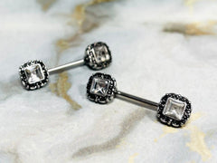 Pair of 14G Antique Silver with Clear Square Stone Nipple Barbells. Nipple Piercing. Nipple Rings. Nipple Jewelry