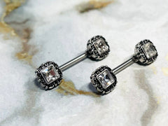 Pair of 14G Antique Silver with Clear Square Stone Nipple Barbells. Nipple Piercing. Nipple Rings. Nipple Jewelry