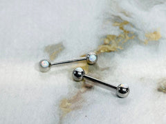 Pair of 14G Internally Threaded Bezel Setting White Opal Stone Nipple Barbells. Nipple Rings. Nipple Piercing. Nipple Jewelry