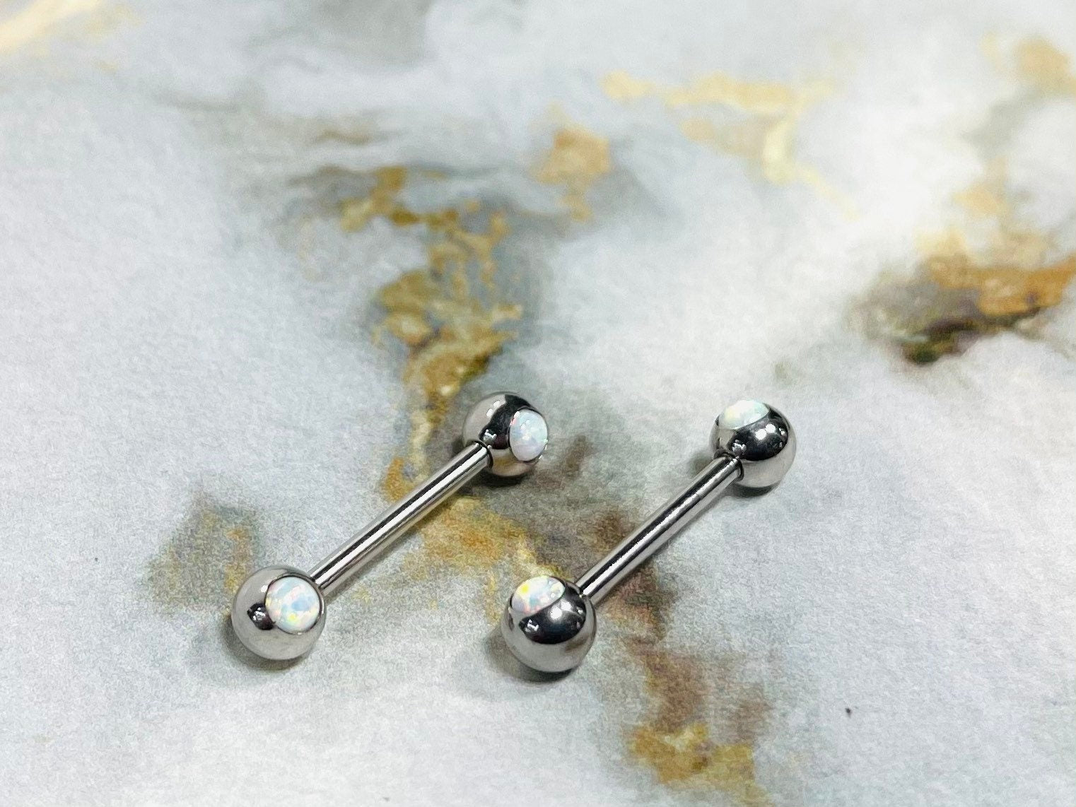 Pair of 14G Internally Threaded Bezel Setting White Opal Stone Nipple Barbells. Nipple Rings. Nipple Piercing. Nipple Jewelry