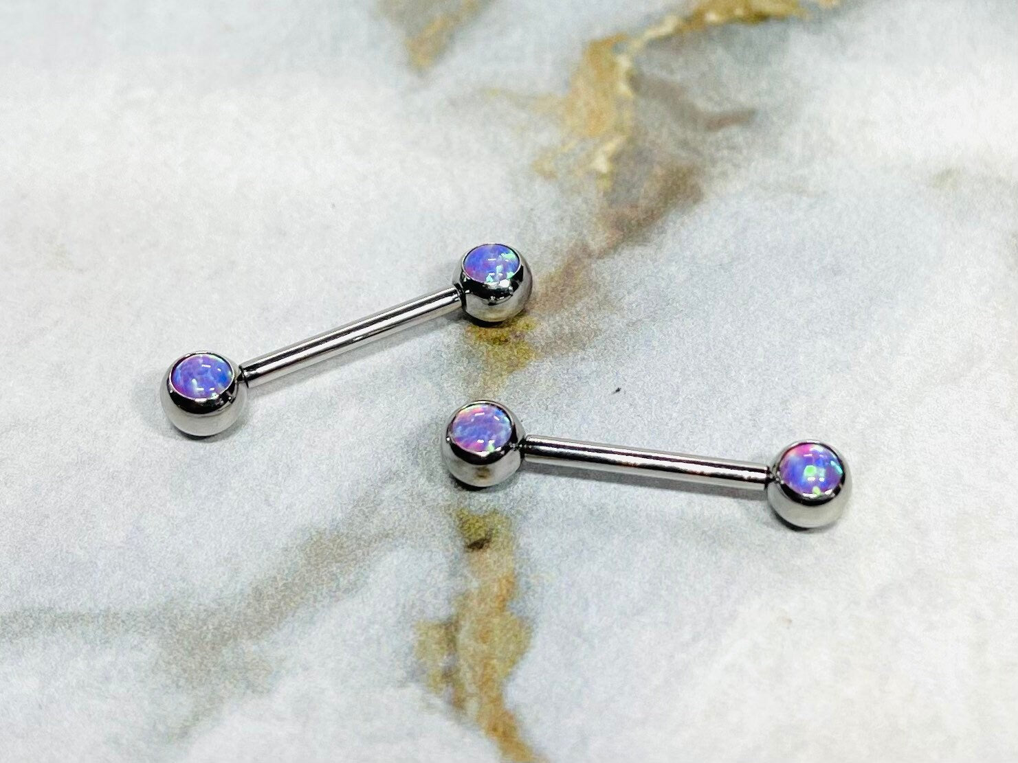 Pair of 14G Internally Threaded Bezel Setting Pink Opal Stone Nipple Barbells. Nipple Rings. Nipple Piercing. Nipple Jewelry