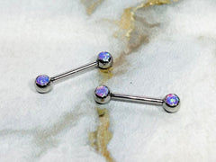 Pair of 14G Internally Threaded Bezel Setting Pink Opal Stone Nipple Barbells. Nipple Rings. Nipple Piercing. Nipple Jewelry