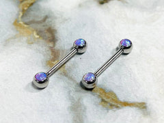 Pair of 14G Internally Threaded Bezel Setting Pink Opal Stone Nipple Barbells. Nipple Rings. Nipple Piercing. Nipple Jewelry