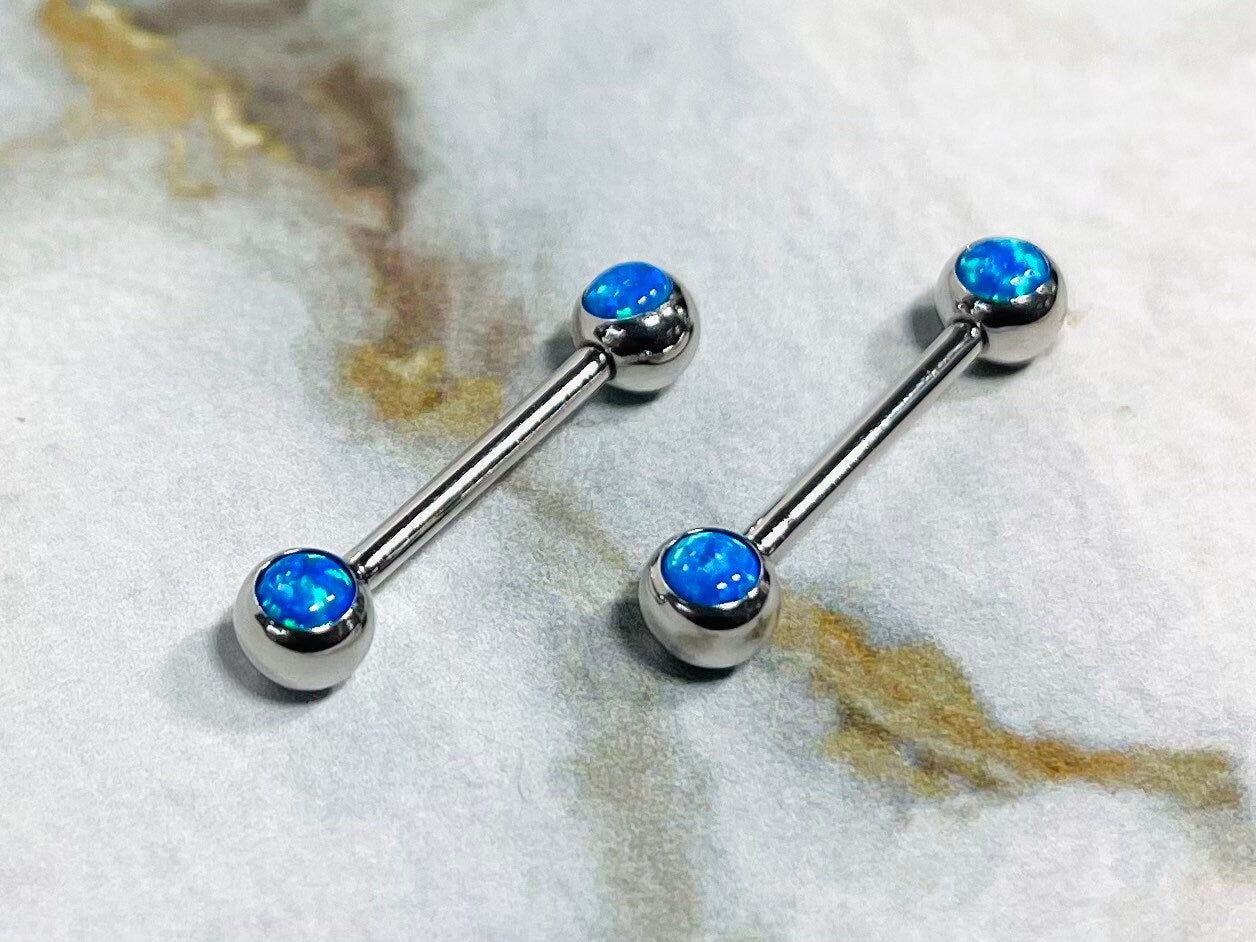 Pair of 14G Internally Threaded Bezel Setting Blue Opal Stone Nipple Barbells. Nipple Rings. Nipple Piercing. Nipple Jewelry