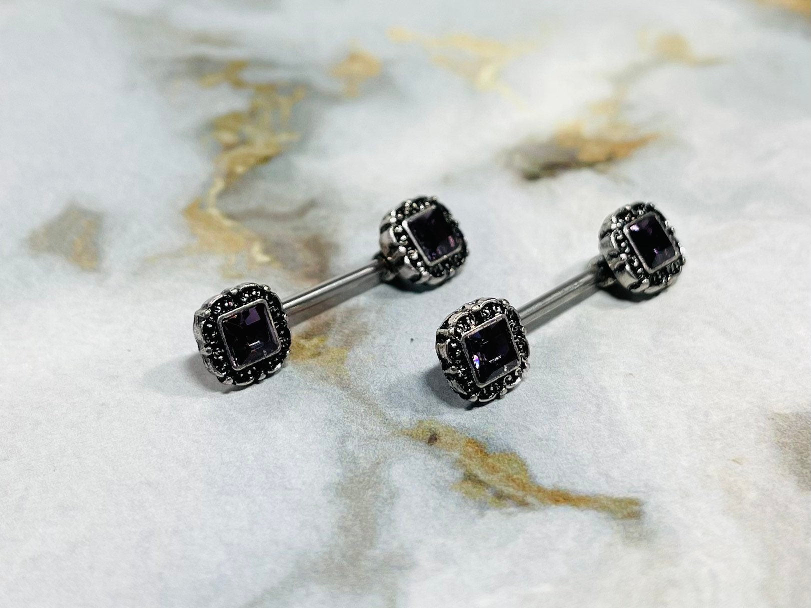 Pair of 14G Antique Silver with Purple Square Stone Nipple Barbells. Nipple Piercing. Nipple Rings. Nipple Jewelry