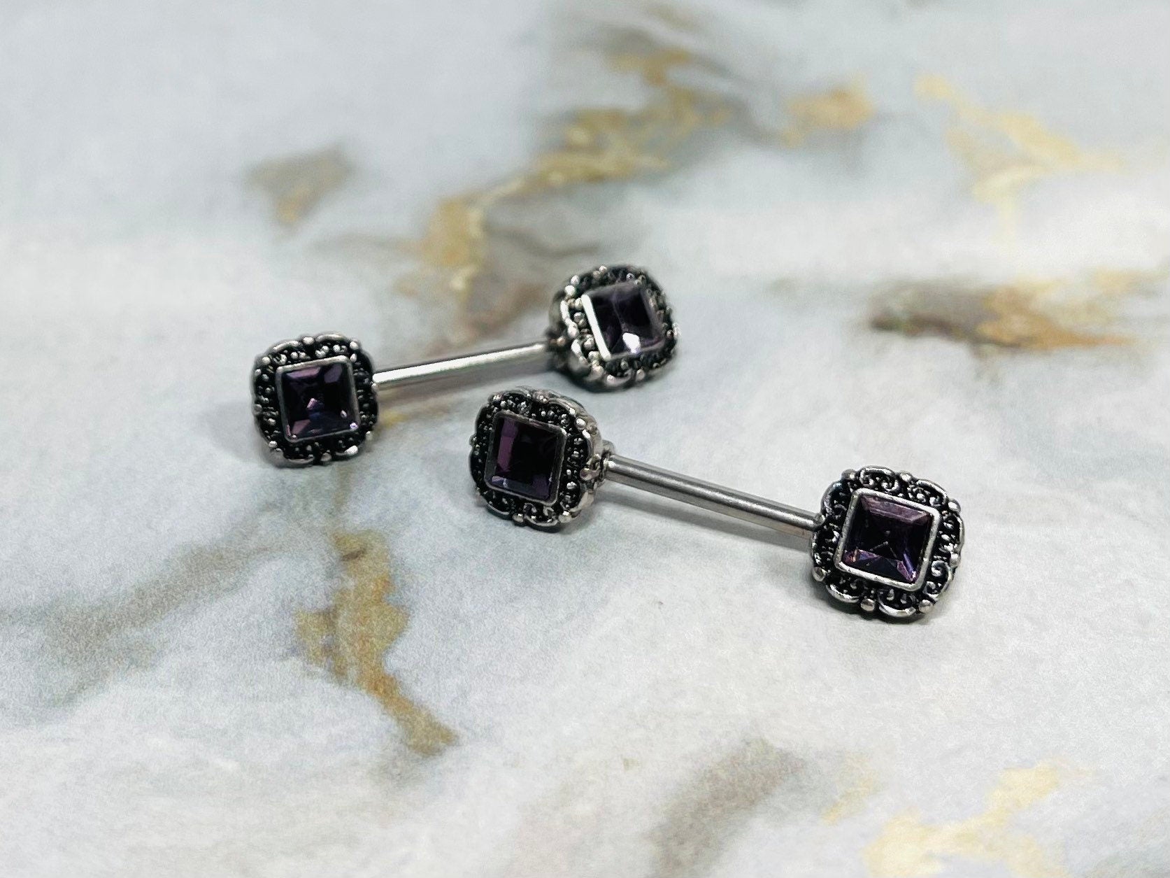 Pair of 14G Antique Silver with Purple Square Stone Nipple Barbells. Nipple Piercing. Nipple Rings. Nipple Jewelry