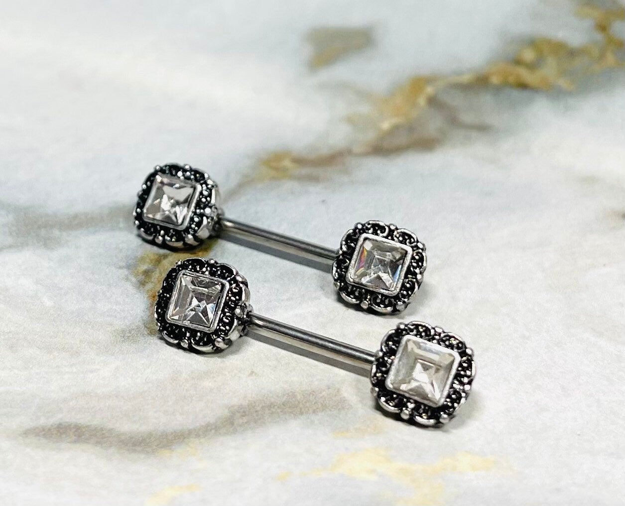 Pair of 14G Antique Silver with Clear Square Stone Nipple Barbells. Nipple Piercing. Nipple Rings. Nipple Jewelry