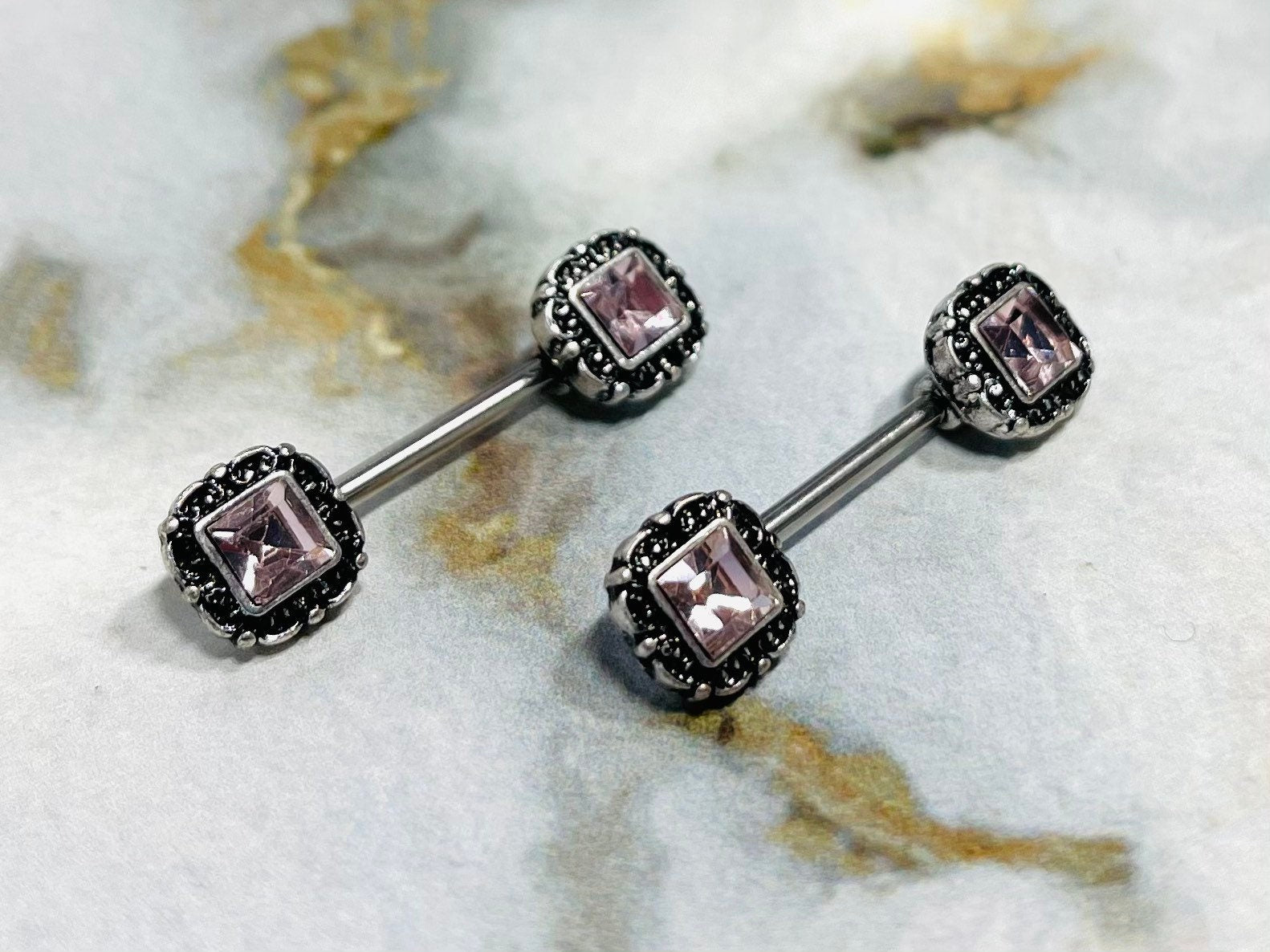 Pair of 14G Antique Silver with Pink Square Stone Nipple Barbells. Nipple Piercing. Nipple Rings. Nipple Jewelry