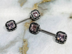 Pair of 14G Antique Silver with Pink Square Stone Nipple Barbells. Nipple Piercing. Nipple Rings. Nipple Jewelry