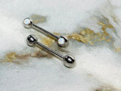 Pair of 14G Internally Threaded Bezel Setting White Opal Stone Nipple Barbells. Nipple Rings. Nipple Piercing. Nipple Jewelry