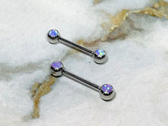 Pair of 14G Internally Threaded Bezel Setting Pink Opal Stone Nipple Barbells. Nipple Rings. Nipple Piercing. Nipple Jewelry