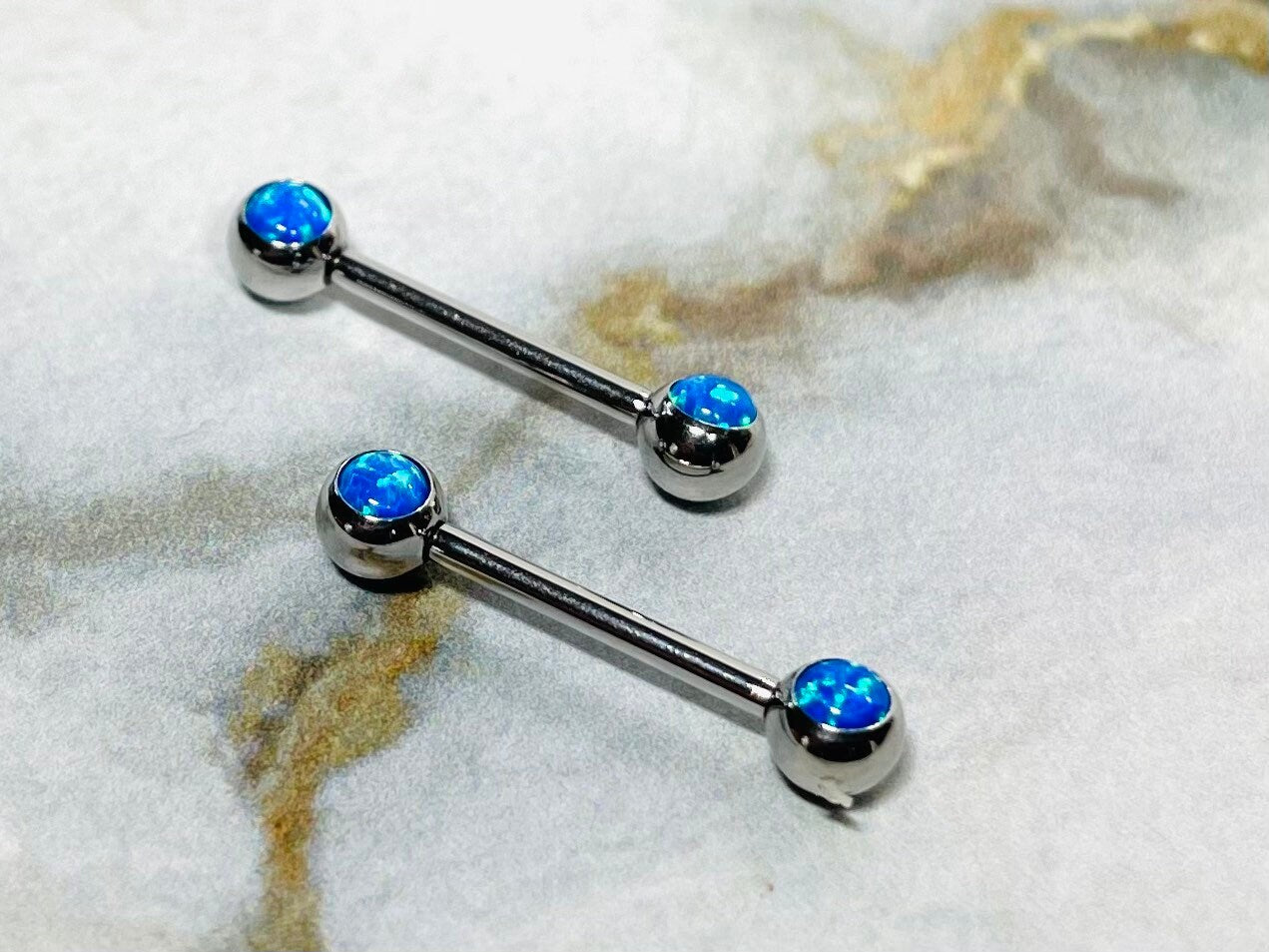 Pair of 14G Internally Threaded Bezel Setting Blue Opal Stone Nipple Barbells. Nipple Rings. Nipple Piercing. Nipple Jewelry