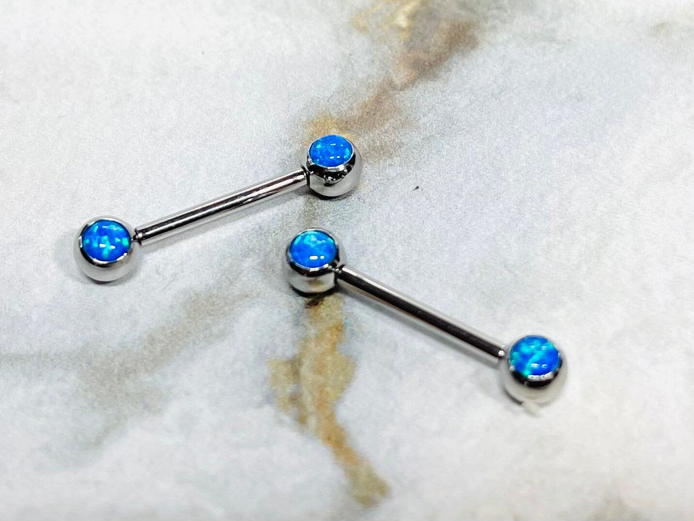 Pair of 14G Internally Threaded Bezel Setting Blue Opal Stone Nipple Barbells. Nipple Rings. Nipple Piercing. Nipple Jewelry