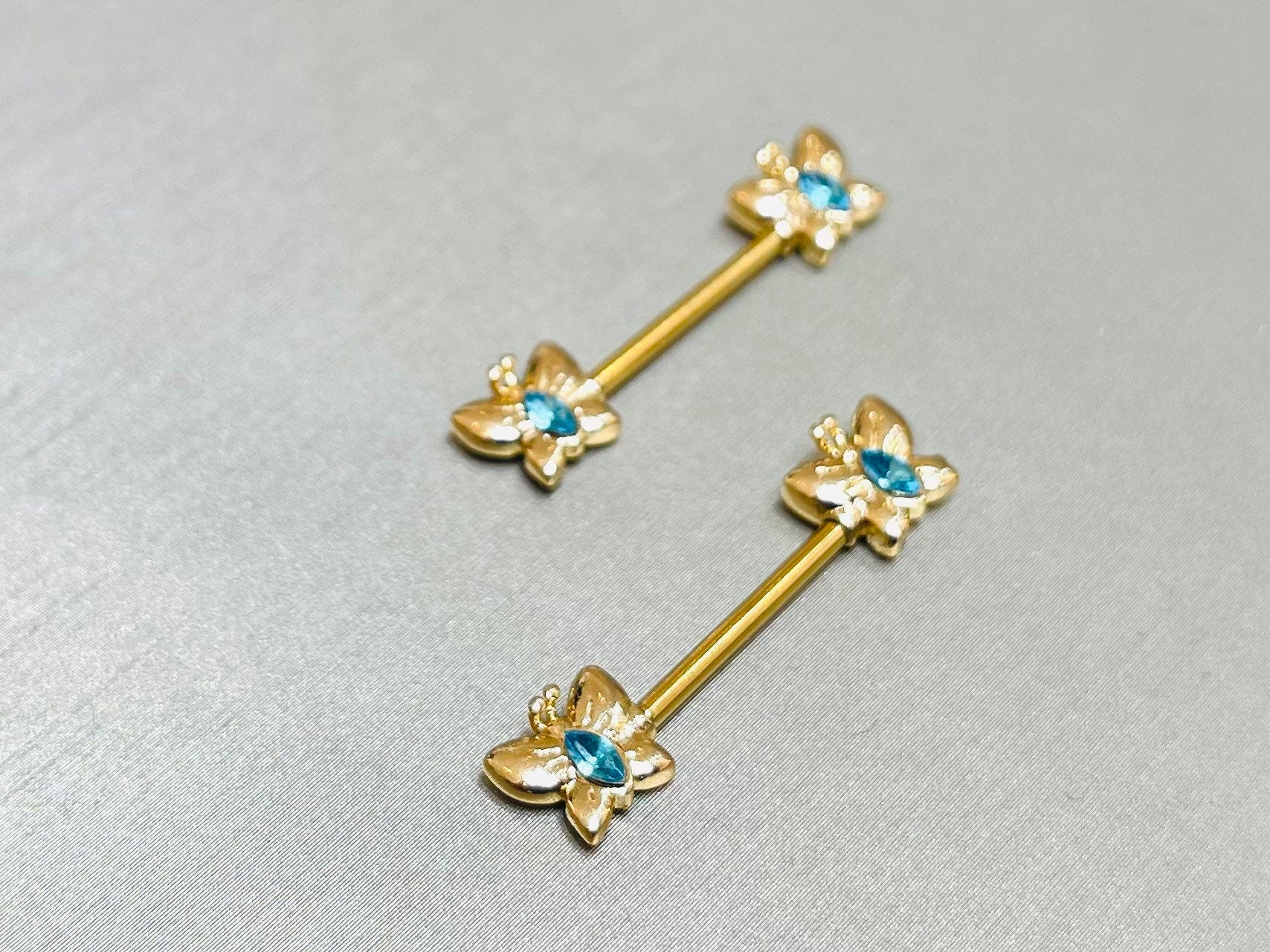 Pair of 14G Butterly with Aqua Stone Nipple Barbells. Nipple Rings. Nipple Piercing. Nipple Jewelery.