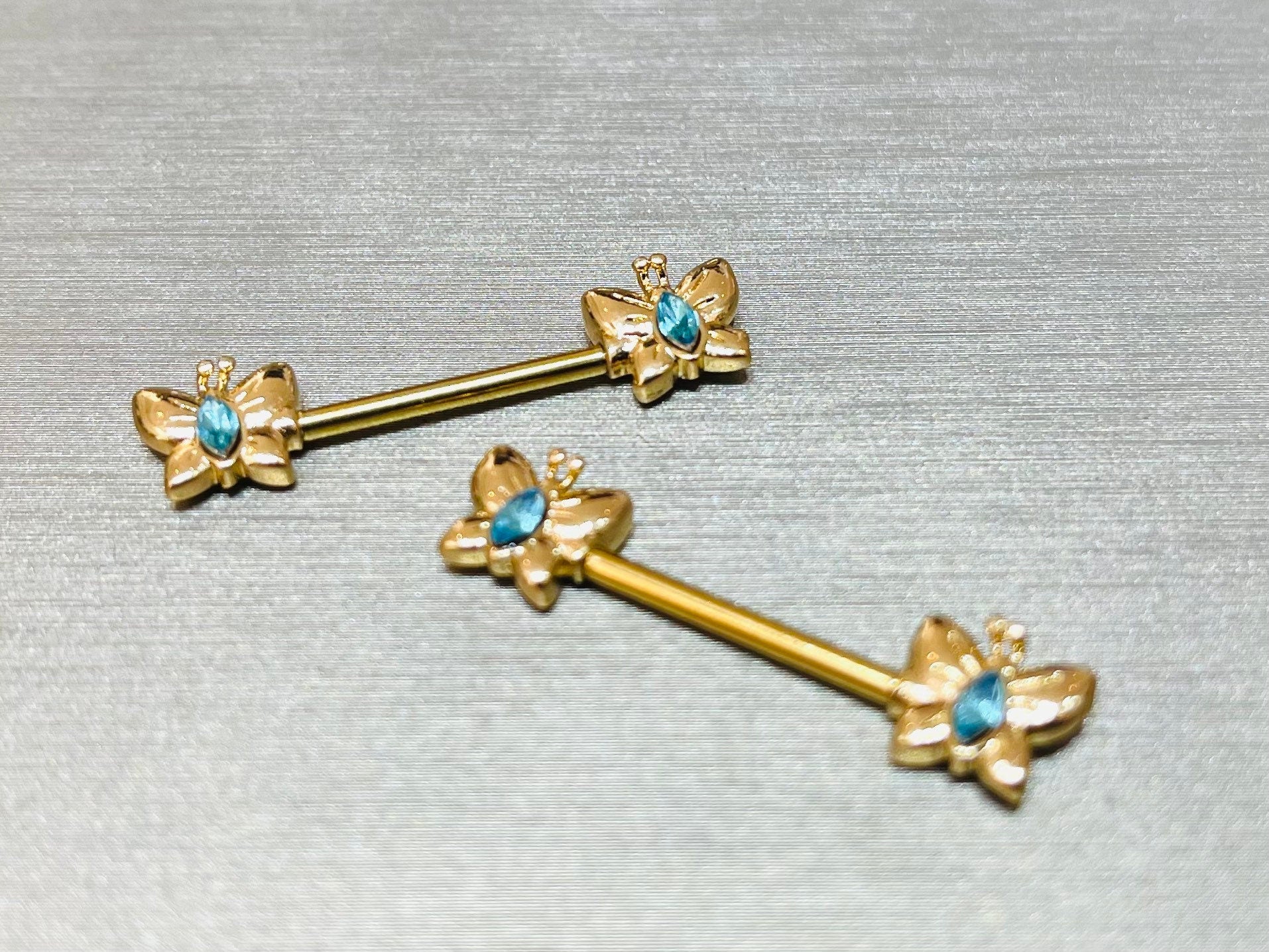 Pair of 14G Butterly with Aqua Stone Nipple Barbells. Nipple Rings. Nipple Piercing. Nipple Jewelery.