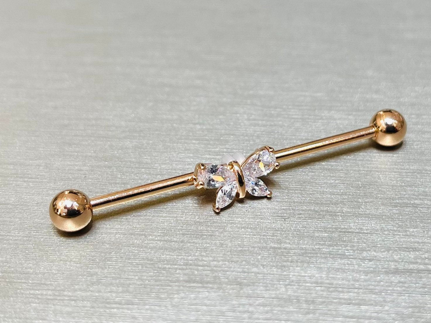 14G Rose Gold Sparkling Stone Butterfly 38MM Length Industrial Barbell. Industrial Piercing. Body Jewelry. Ear Piercing. Ear Barbell.