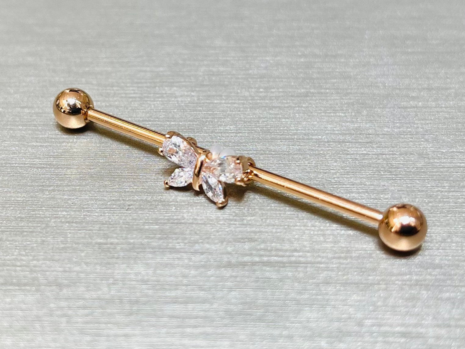 14G Rose Gold Sparkling Stone Butterfly 38MM Length Industrial Barbell. Industrial Piercing. Body Jewelry. Ear Piercing. Ear Barbell.