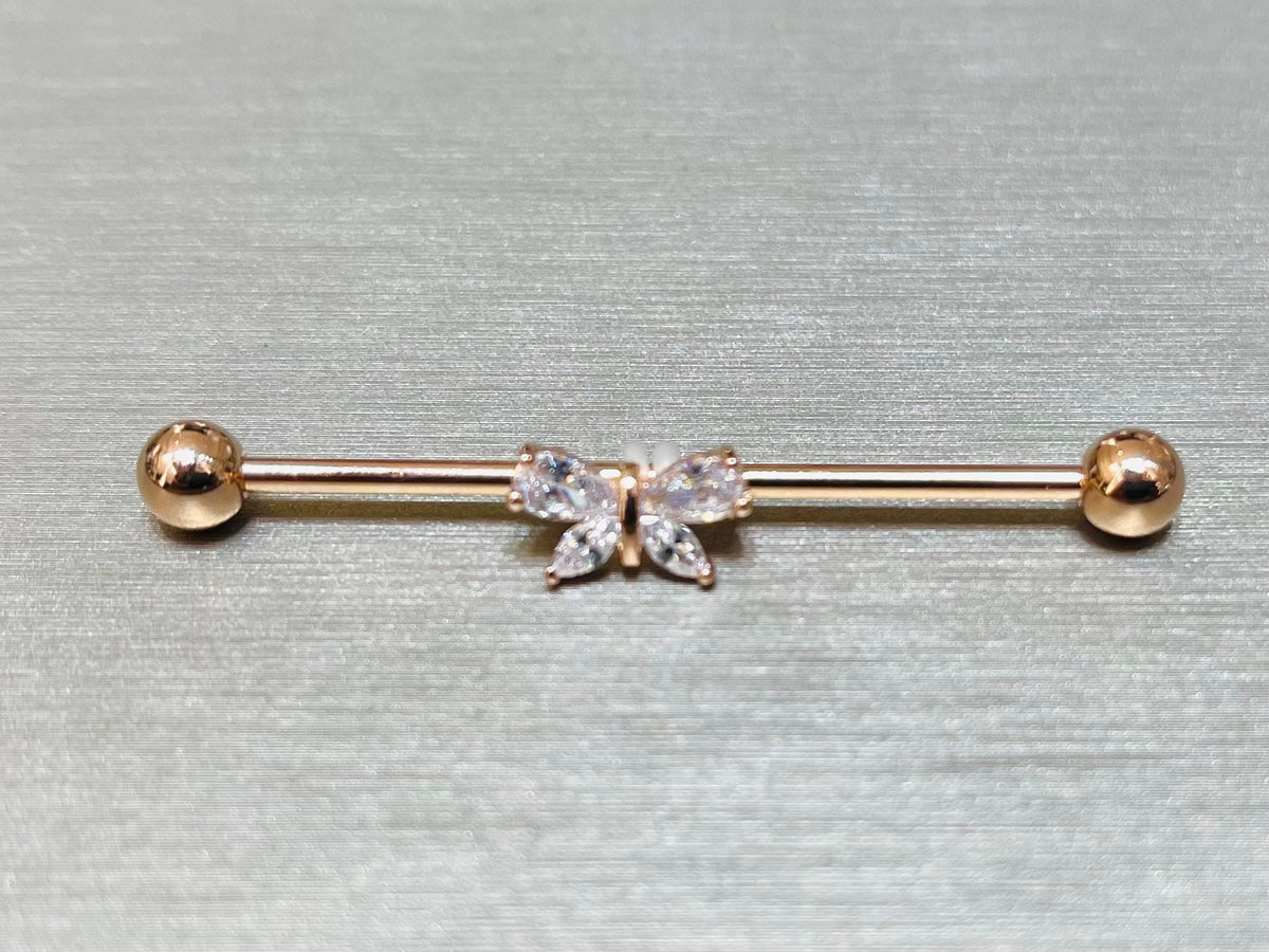 14G Rose Gold Sparkling Stone Butterfly 38MM Length Industrial Barbell. Industrial Piercing. Body Jewelry. Ear Piercing. Ear Barbell.