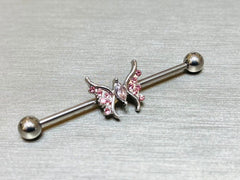 14G Pink Sparkling Marquise Crystal Center Butterfly Industrial Barbell. Industrial Piercing. Ear Piercing. Body Jewelry.