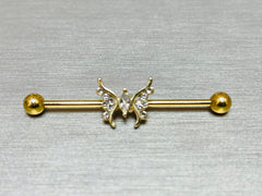 14G Gold Sparkling Marquise Crystal Center Butterfly Industrial Barbell. Industrial Piercing. Ear Piercing. Body Jewelry.