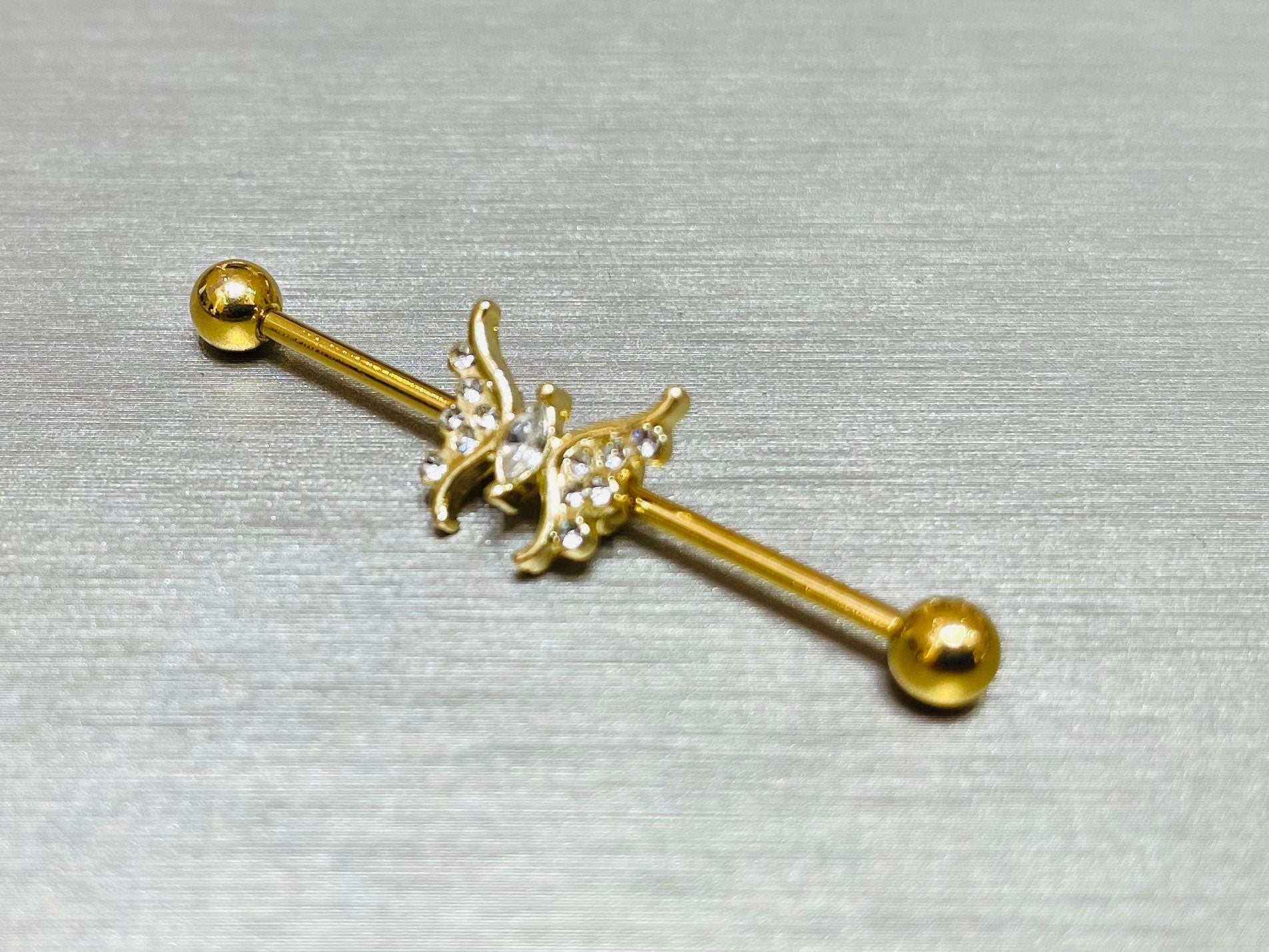 14G Gold Sparkling Marquise Crystal Center Butterfly Industrial Barbell. Industrial Piercing. Ear Piercing. Body Jewelry.