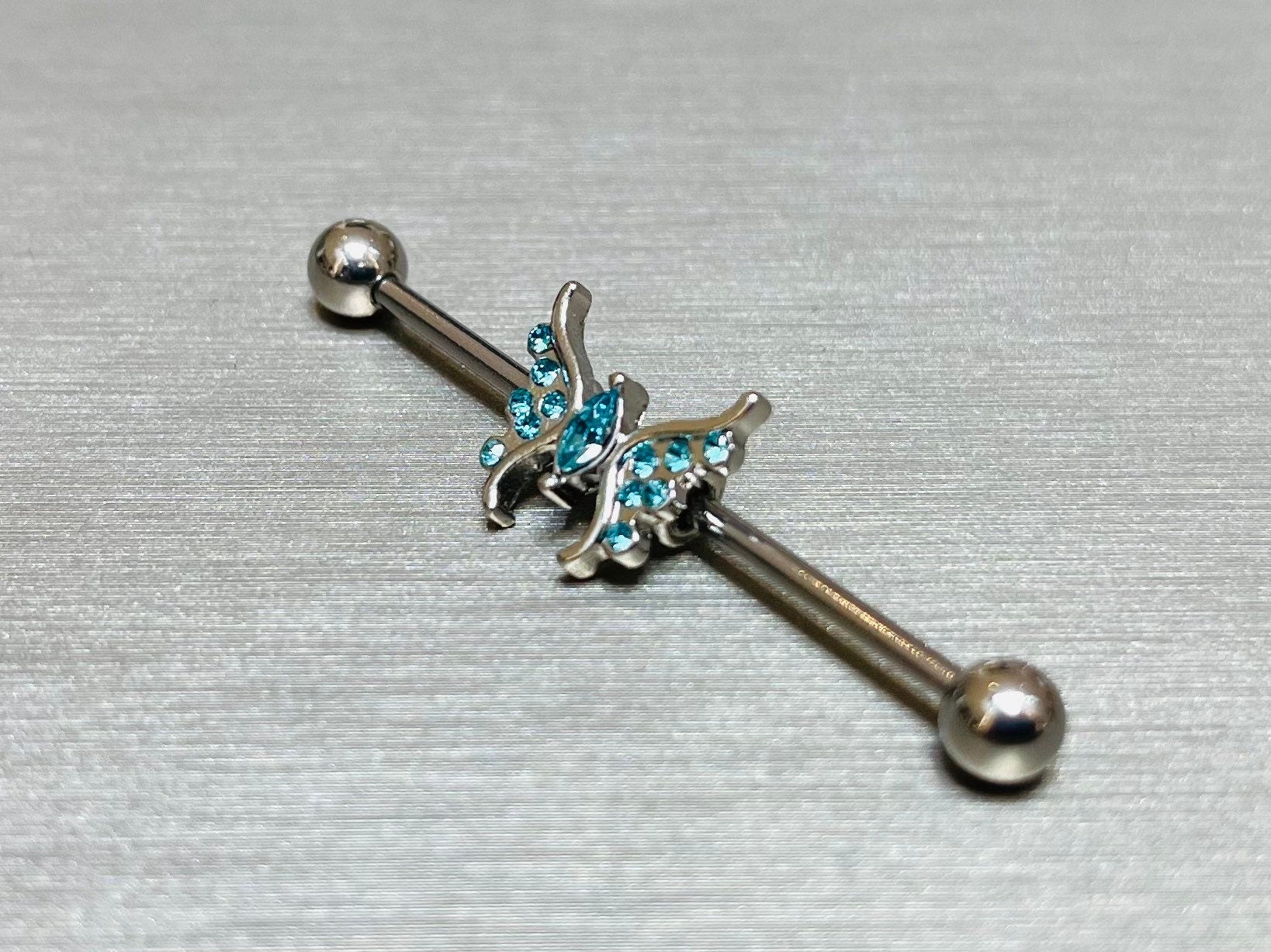 14G Blue Sparkling Marquise Crystal Center Butterfly Industrial Barbell. Industrial Piercing. Ear Piercing. Body Jewelry.