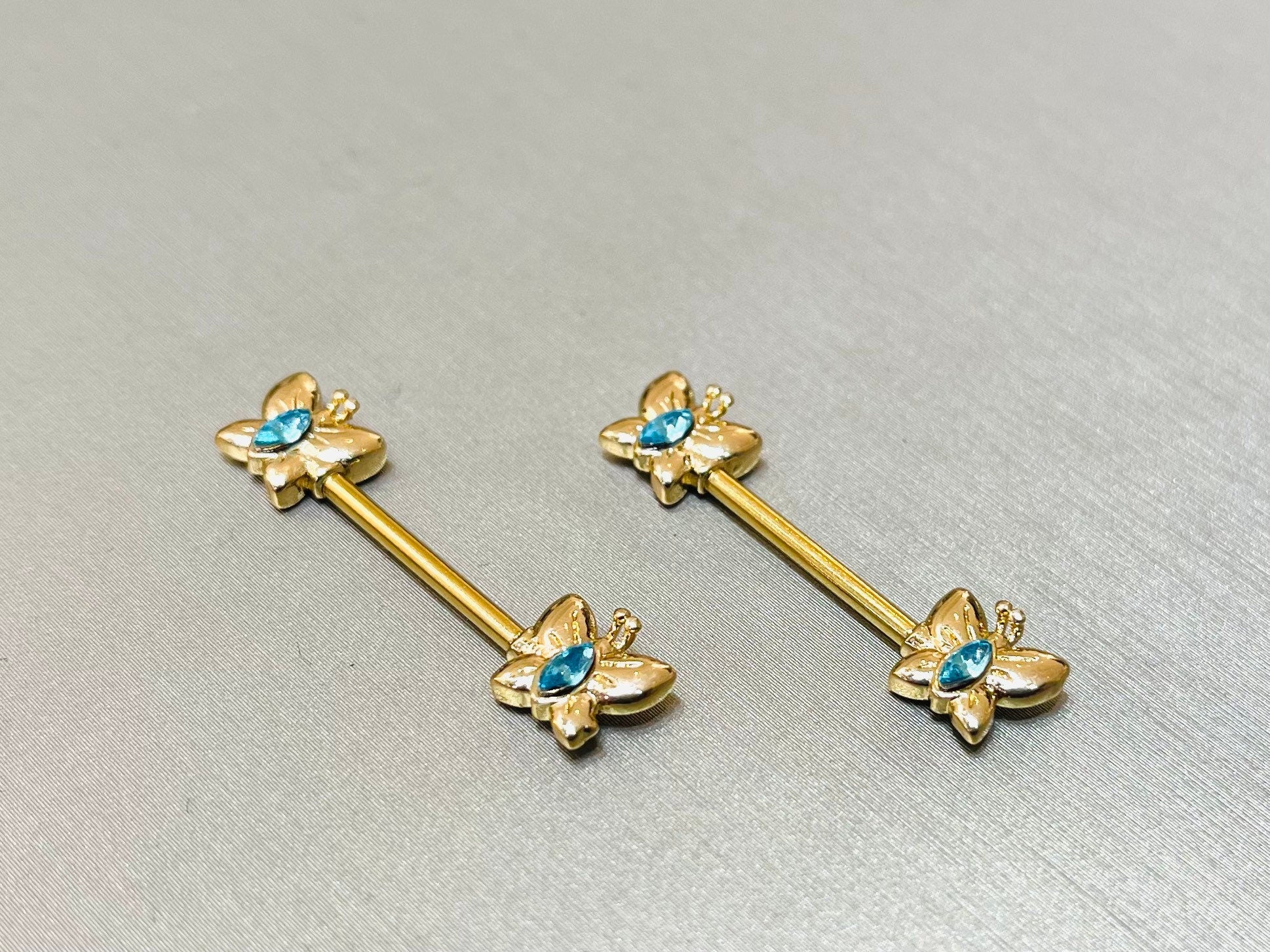 Pair of 14G Butterly with Aqua Stone Nipple Barbells. Nipple Rings. Nipple Piercing. Nipple Jewelery.