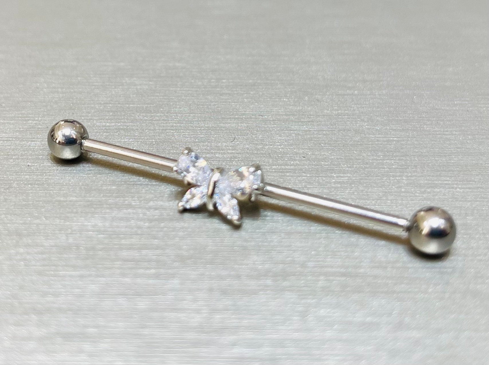 14G Silver Sparkling Stone Butterfly 38MM Length Industrial Barbell. Industrial Piercing. Body Jewelry. Ear Piercing. Ear Barbell.