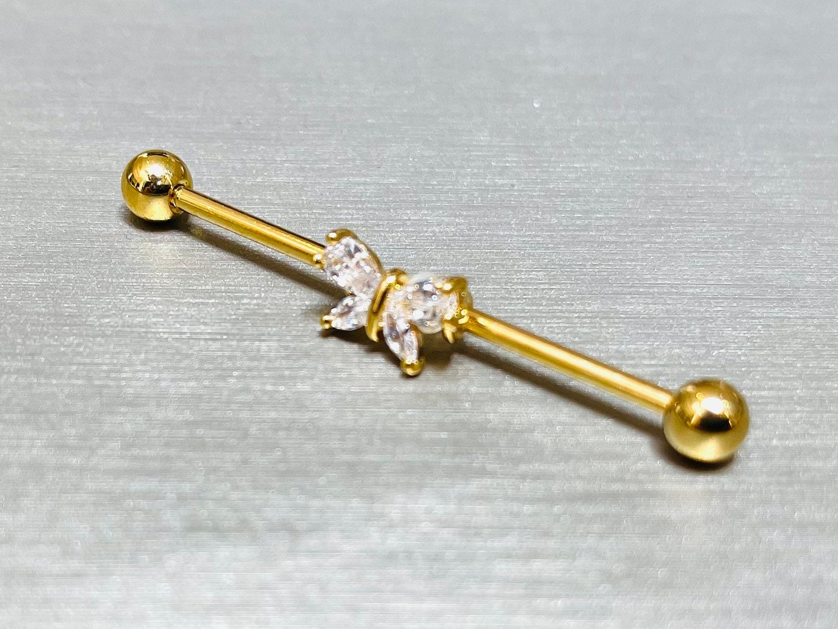 14G Gold Sparkling Stone Butterfly 38MM Length Industrial Barbell. Industrial Piercing. Body Jewelry. Ear Piercing. Ear Barbell.