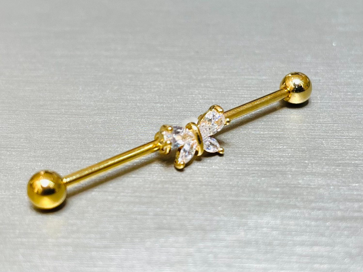 14G Gold Sparkling Stone Butterfly 38MM Length Industrial Barbell. Industrial Piercing. Body Jewelry. Ear Piercing. Ear Barbell.