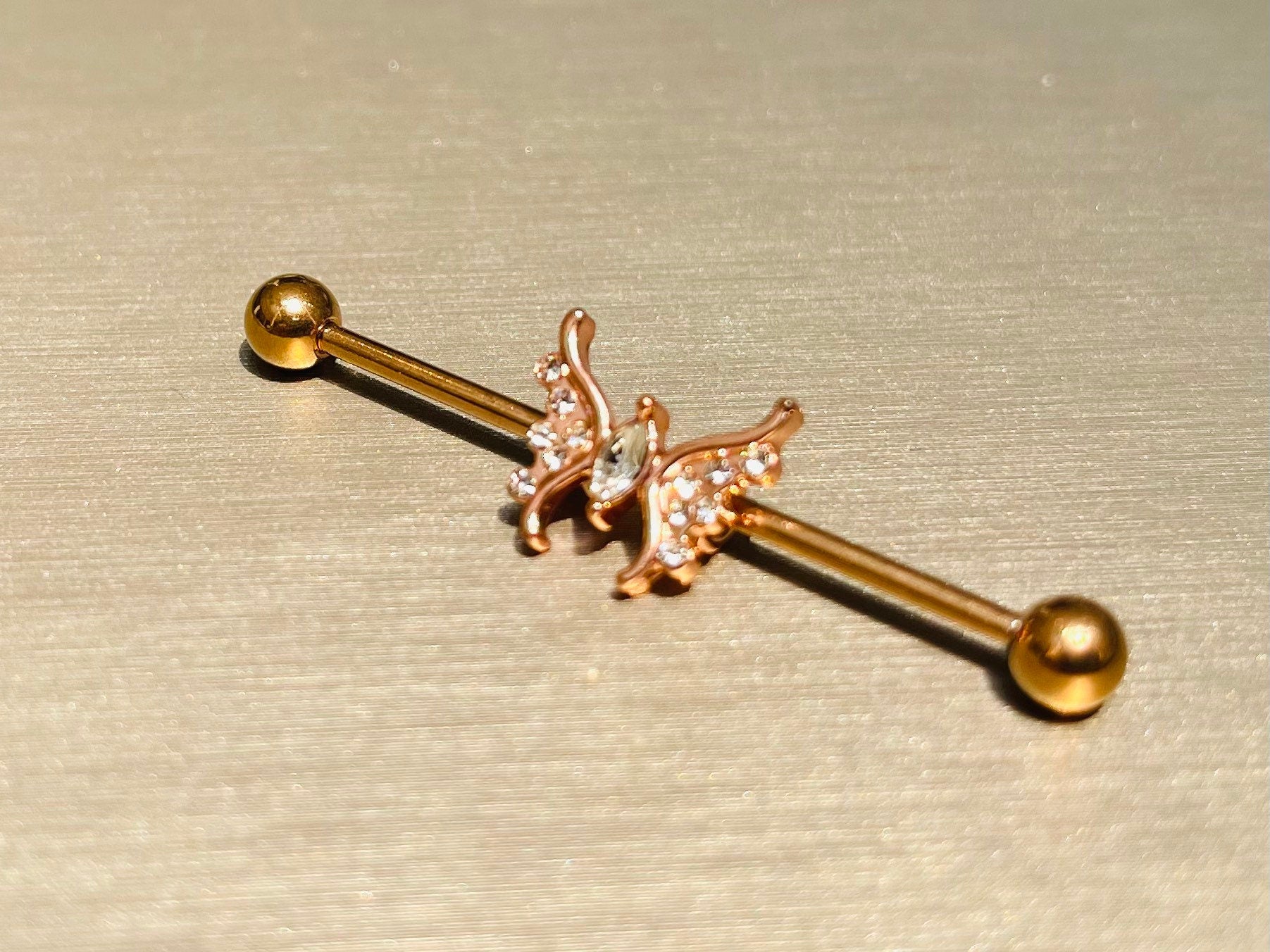 14G Rose Gold Sparkling Marquise Crystal Center Butterfly Industrial Barbell. Industrial Piercing. Ear Piercing. Body Jewelry.