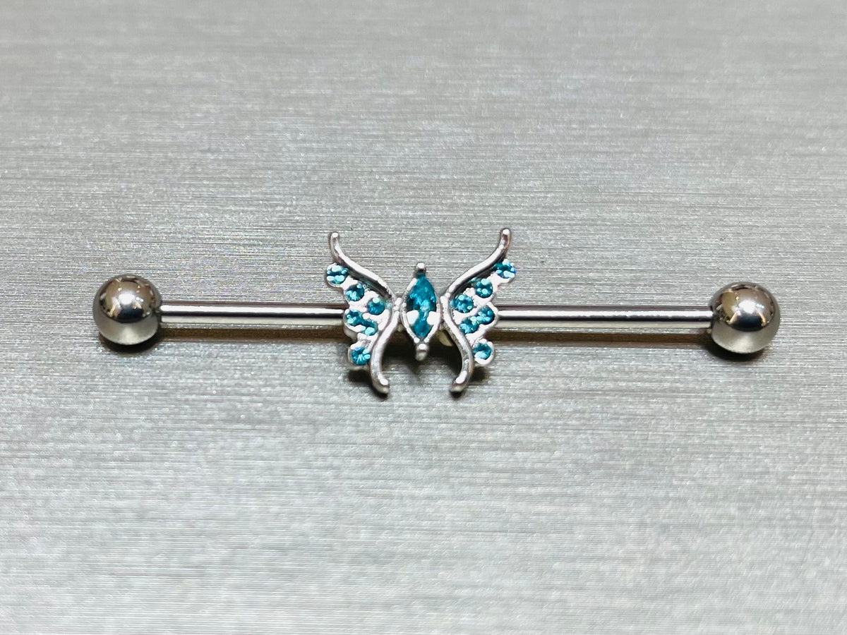 14G Blue Sparkling Marquise Crystal Center Butterfly Industrial Barbell. Industrial Piercing. Ear Piercing. Body Jewelry.