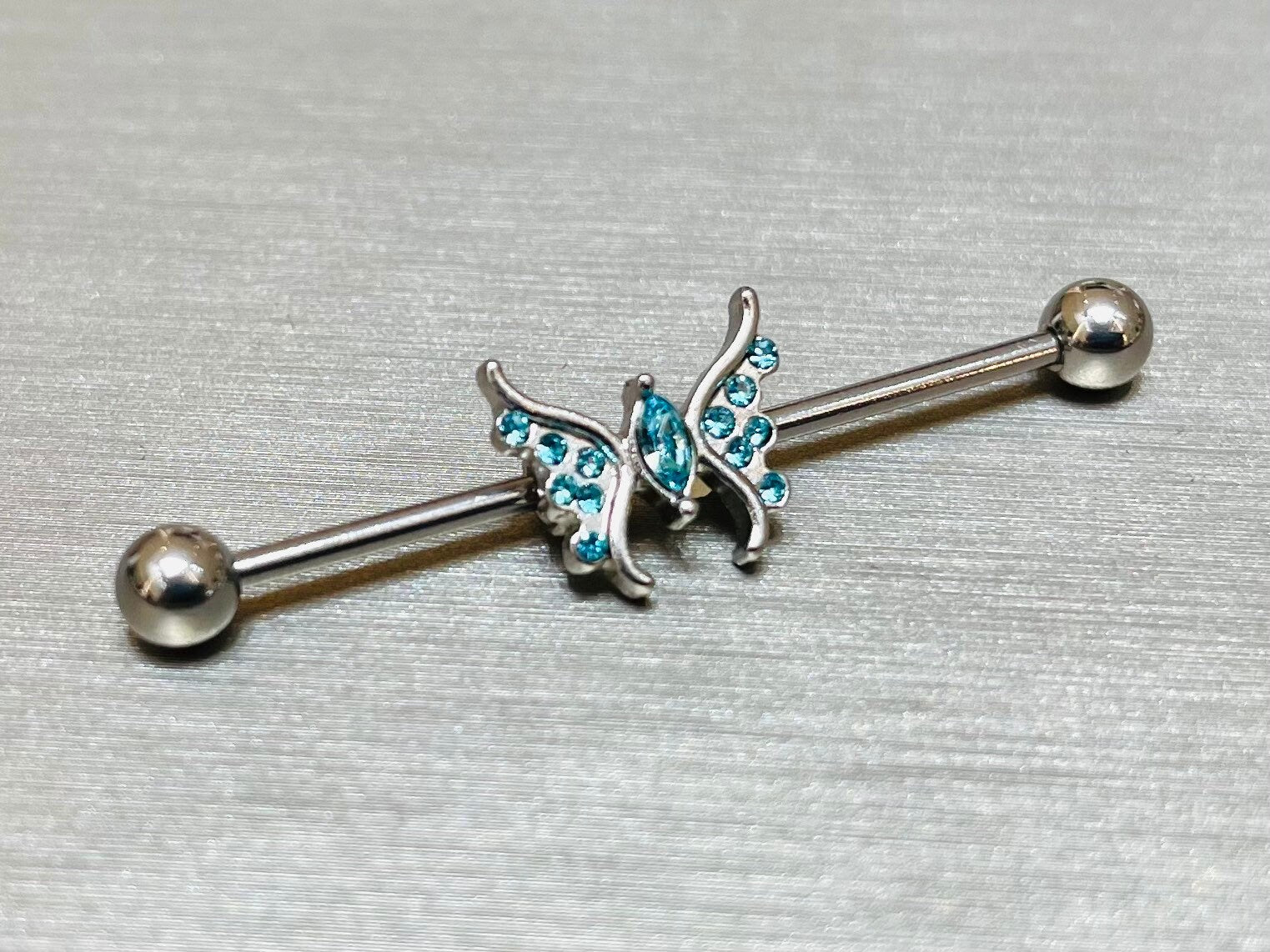 14G Blue Sparkling Marquise Crystal Center Butterfly Industrial Barbell. Industrial Piercing. Ear Piercing. Body Jewelry.