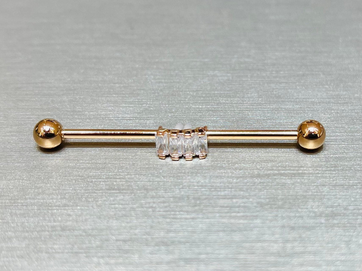 14G Rose Gold Baguette Square Stones Industrial Barbell Piercing. 38mm Length. Industrial Barbell. Ear Piercing. Body Jewelry.