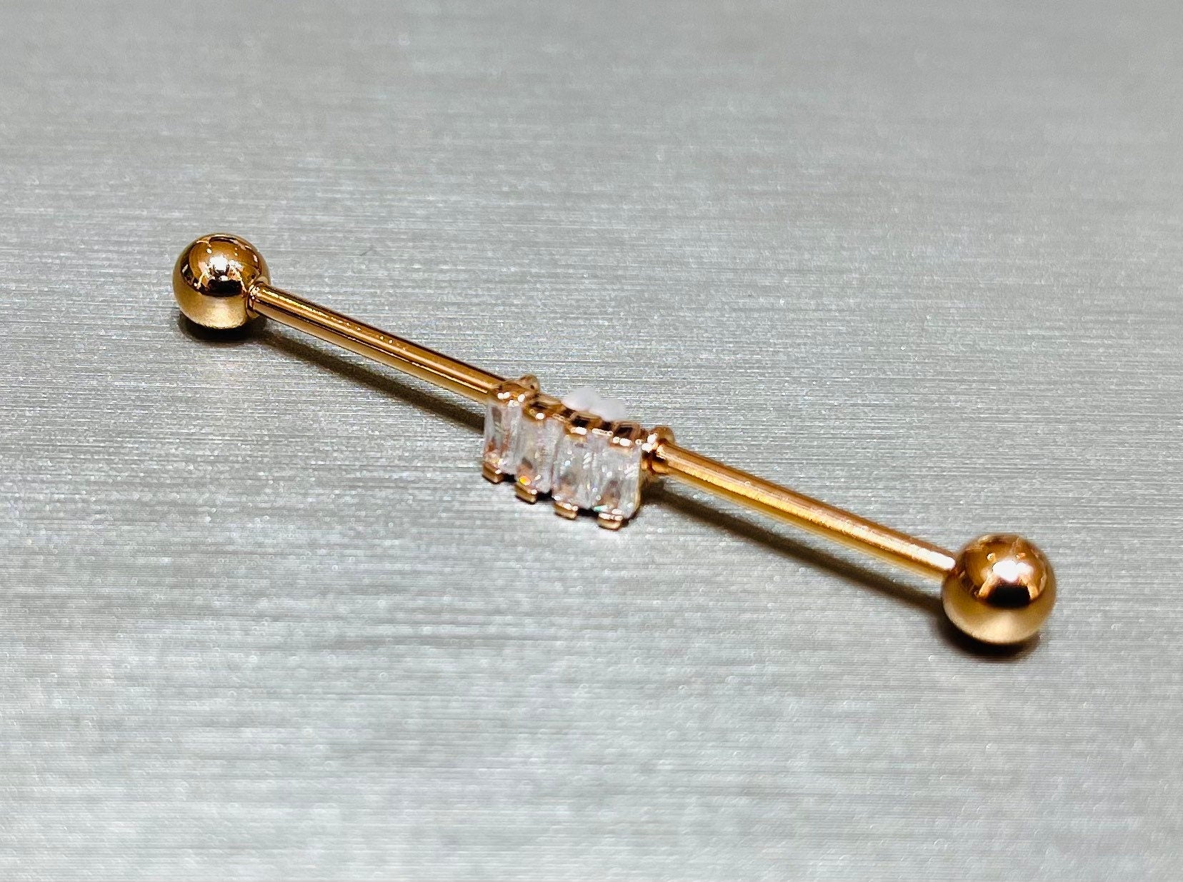 14G Rose Gold Baguette Square Stones Industrial Barbell Piercing. 38mm Length. Industrial Barbell. Ear Piercing. Body Jewelry.