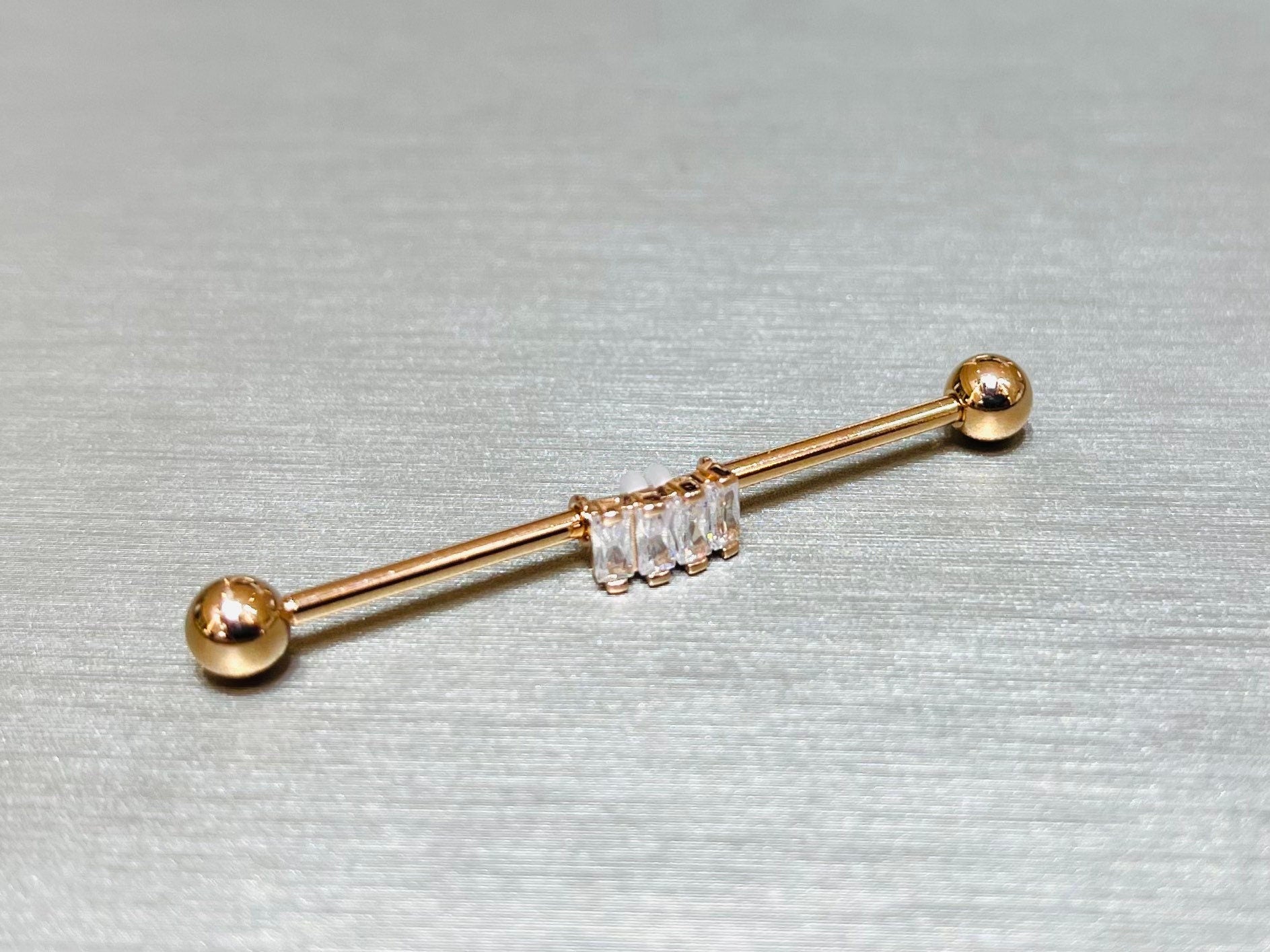 14G Rose Gold Baguette Square Stones Industrial Barbell Piercing. 38mm Length. Industrial Barbell. Ear Piercing. Body Jewelry.