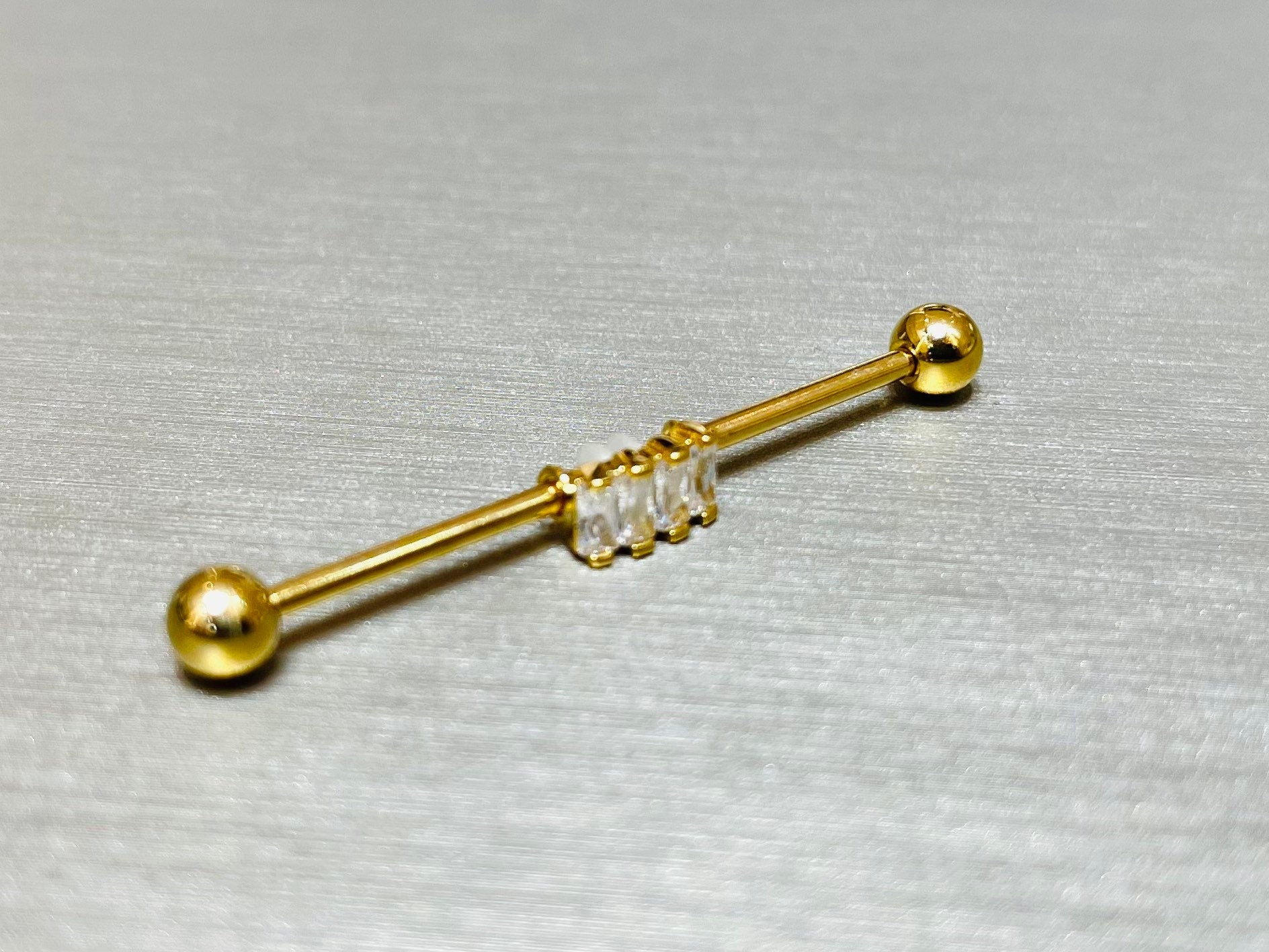 14G Gold Baguette Square Stones Industrial Barbell Piercing. 38mm Length. Industrial Barbell. Ear Piercing. Body Jewelry.