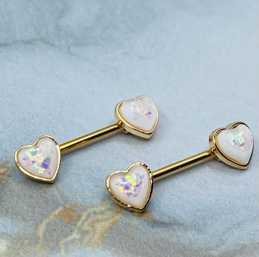 Pair of 14G Gold Opal Heart Ends Nipple Barbell. Nipple Rings. Nipple Piercing. Nipple Jewelry. Body Jewelry. Nipple Barbells.