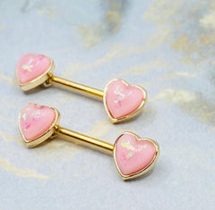 Pair of 14G Gold Pink Opal Heart Ends Nipple Barbell. Nipple Rings. Nipple Piercing. Nipple Jewelry. Body Jewelry. Nipple Barbells.